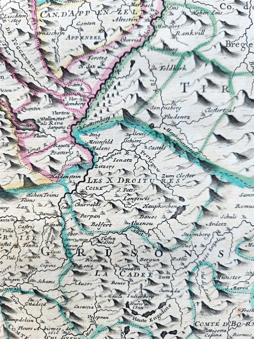 1720 MAP of SWITZERLAND & country of GRISONS w/CRESTS of CANTONS antique ENGLISH - 9