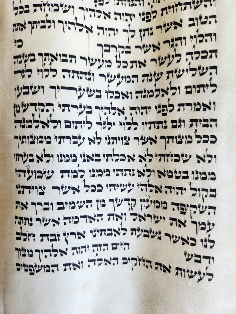 TORAH SCROLL FRAGMENT VELLUM MANUSCRIPT 19th century ANTIQUE DEUTERONOMY 24 - 28 - 5