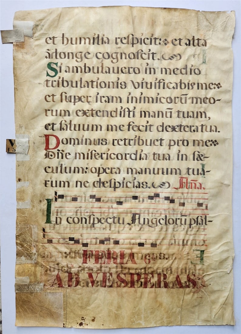 16th century ANTIPHONAL VELLUM MANUSCRIPT antique LITURGICAL TEXT in LATIN 18x27: Double sided. Size 18.5 by 27 inches Text in Latin Repair at the lower corner (pls see pictures) Reserve: $151.00 Shipping: Domestic: Flat-rate of $25.00 to anywhere within the contiguous U.S.