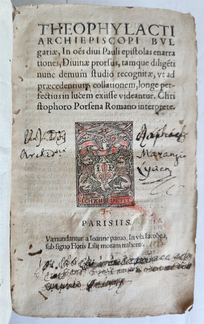 1537 Theophylactus de Achrida ANTIQUE In omnes D. Pauli epistolas enarrationes: Theophylactus de Achrida. In omnes D. Pauli epistolas enarrationes. Paris, I. Petit; 1537 20 leaves, CCCCLXVII leaves. With woodcut printer's mark on the title page. Original limp vellum, manuscript