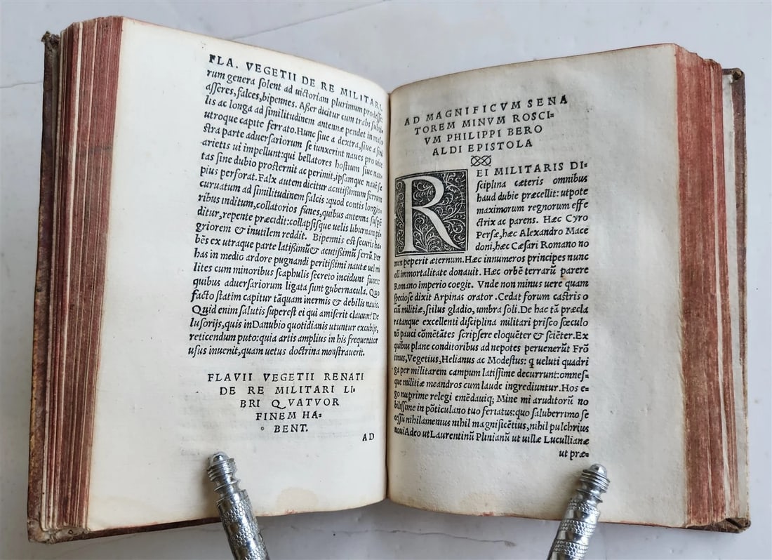 1524 POST-INCUNABULA ANCIENT WARFARE TREATISE by V.Flavius antique PIGSKIN - 14