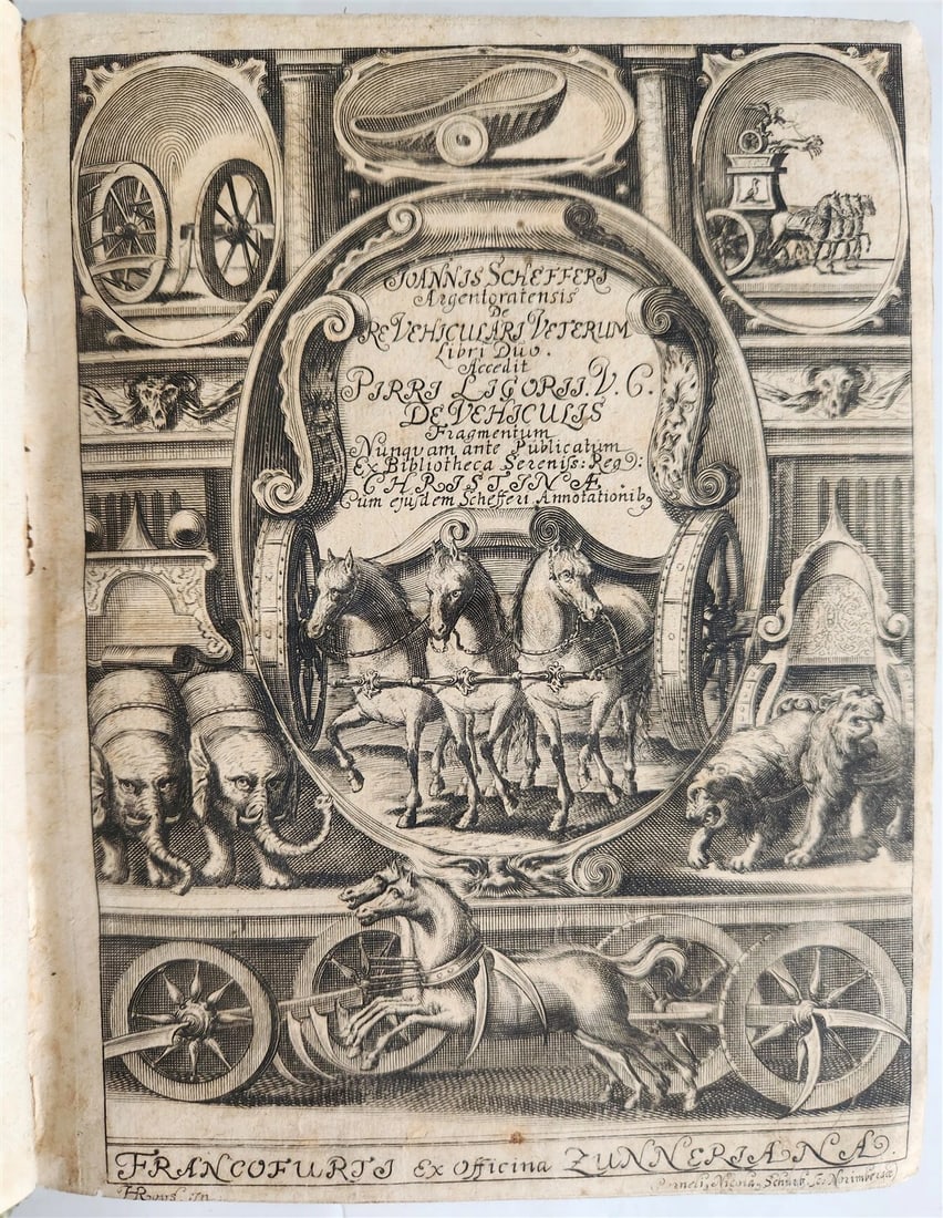 1671 TREATISE Treatise on the TRANSPORT of ANTIQUITY antique ILLUSTRATED vellum: Scheffer, J. De re vehiculari veterum libri duo. Accedit P. Ligorii de vihiculis fragmentarum. 2 parts in one volume Frankfurt, Zunner; 1671 3 leaves, 286, 422 pp. With engraved title, 42 text