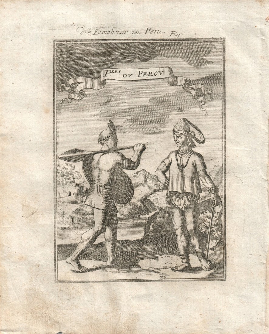 1719 PEOPLE of PERU plate from Beschreibung Des gantzen Welt-Kreises: Plate PEOPLE of PERU "Ples du Perou" engraving from German edition of "Description of entire world" Beschreibung Des gantzen Welt-Kreises by Alain Manesson Mallet Frankfurt; 1719 Size 6.5 by 8 inches
