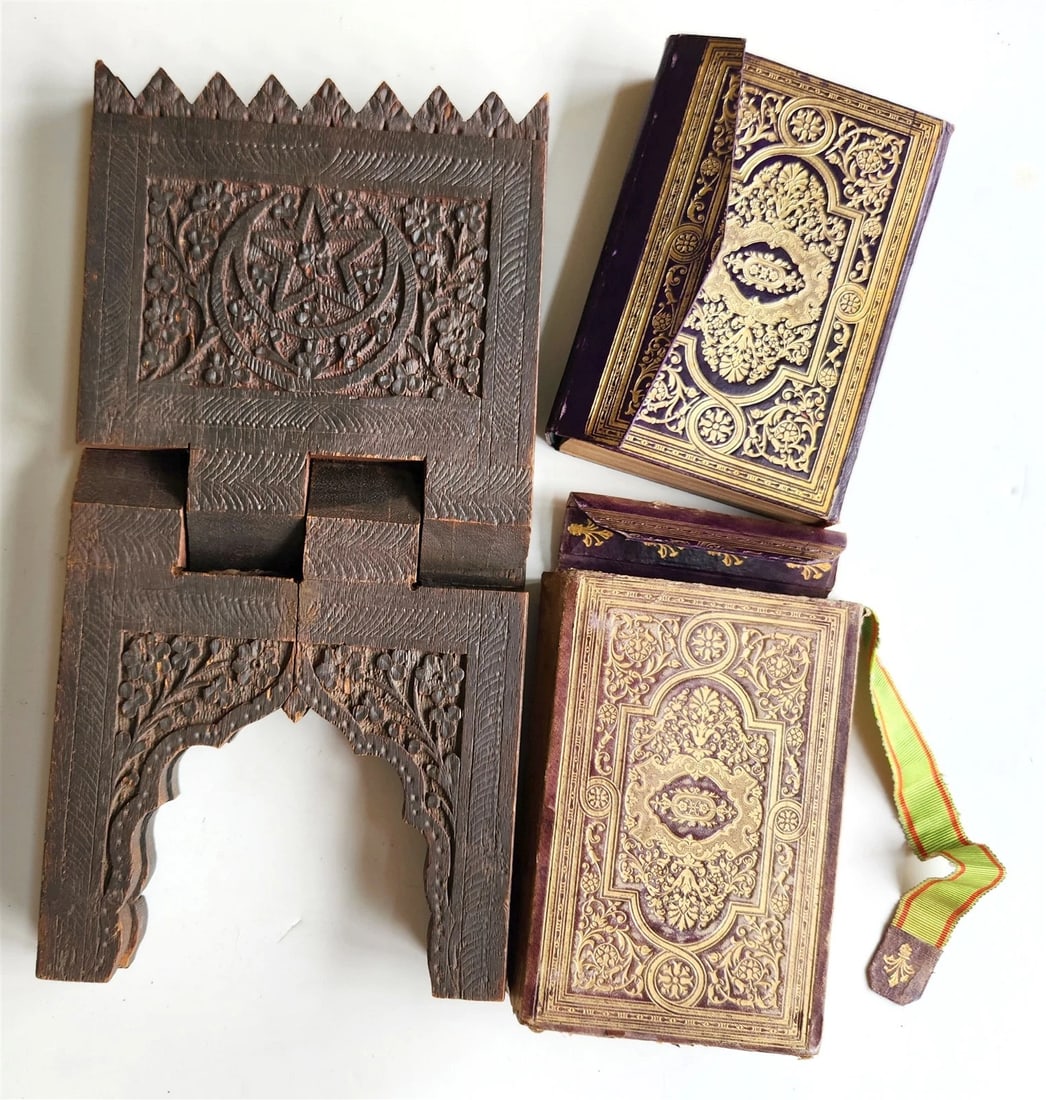 1900 OTTOMAN KORAN antique QURAN Turkish w/ WOODEN STAND & GILT SLIP CASE - 4