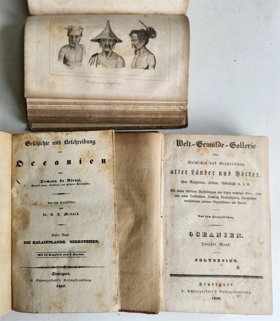 1838 TRAVELS to OCEANIA MALAYSIA POLYNESIA 3 VOLUMES antique ILLUSTRATED German: Gregoire Louis Domeny de Rienzi OCEANIEN (Oceania Voyages Malaysia Polynesia) Stuttgart; 1838-1840 3 volumes Hard bound, spines with title labels Fully illustrated Size 5 1/2 b y 8 3/4 inches Toning,