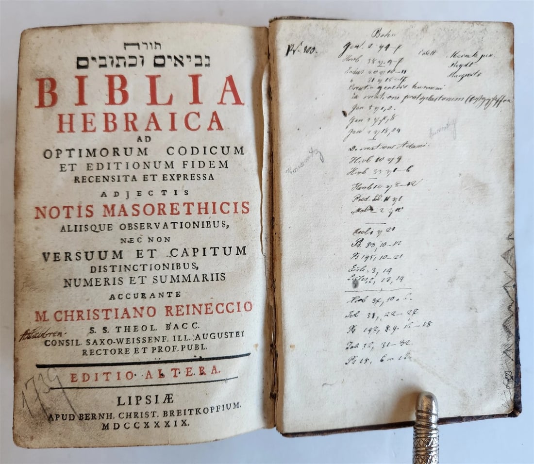 1739 BIBLE in HEBREW antique Biblia Hebraica JUDAICA: Biblia Hebraica... Edited by Christian Reineccio. Editio Altera. 2 parts in 1 volume. Leipzig, 1739 Original calf, spine with raised bands (chipped with loss), some soiling, old manuscripts notes on f