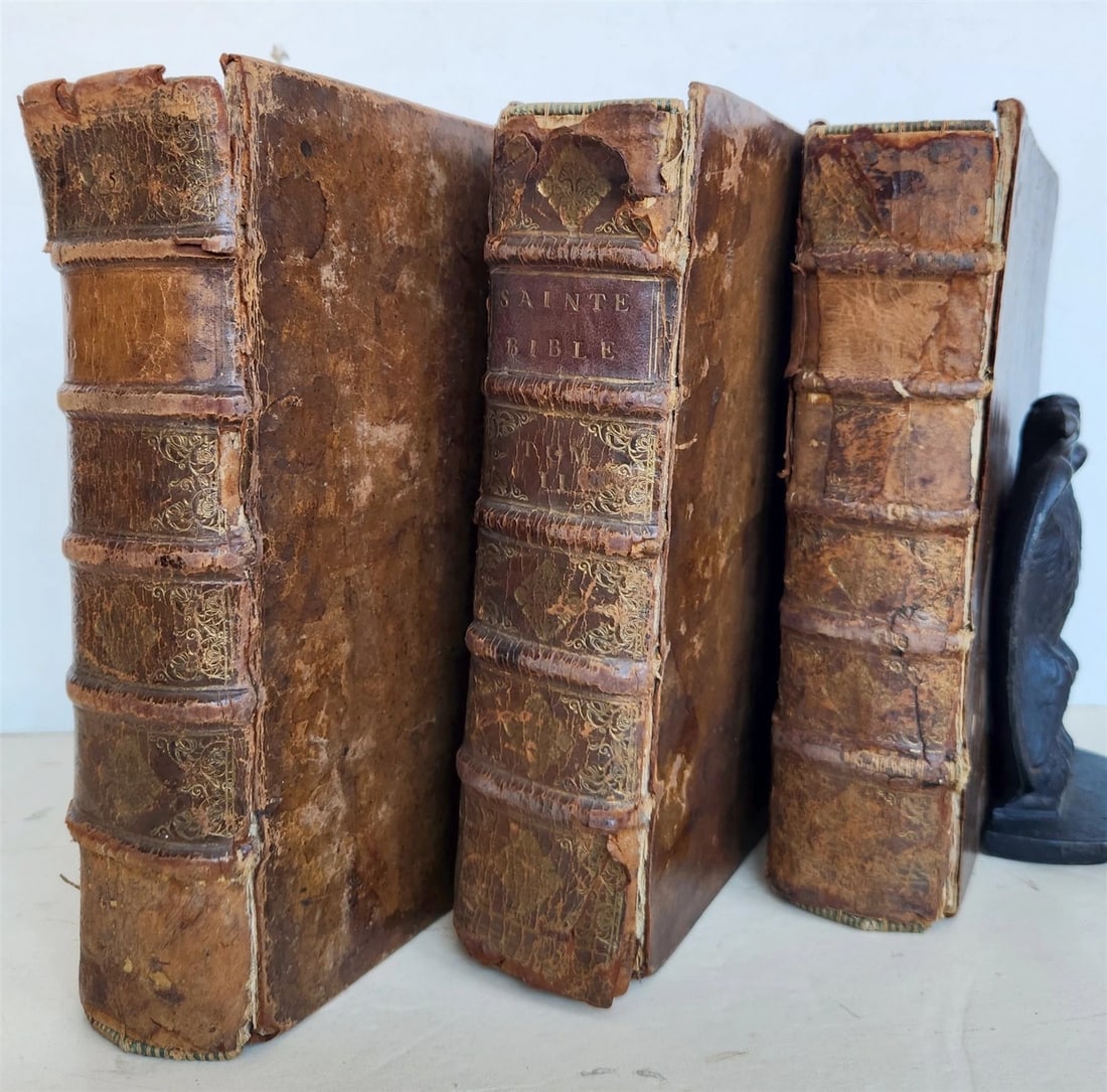 1700 BIBLE in FRENCH 3 VOLUMES antique ILLUSTRATED w/ MAP La Sainte Bible (1 of 20)