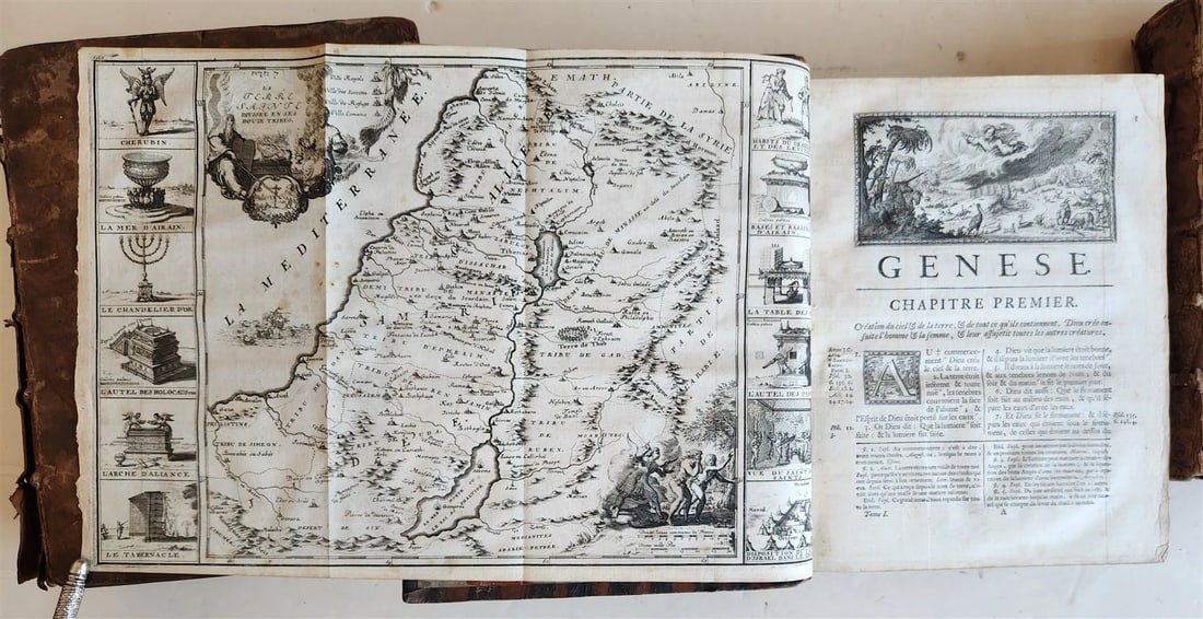 1700 BIBLE in FRENCH 3 VOLUMES antique ILLUSTRATED w/ MAP La Sainte Bible - 3