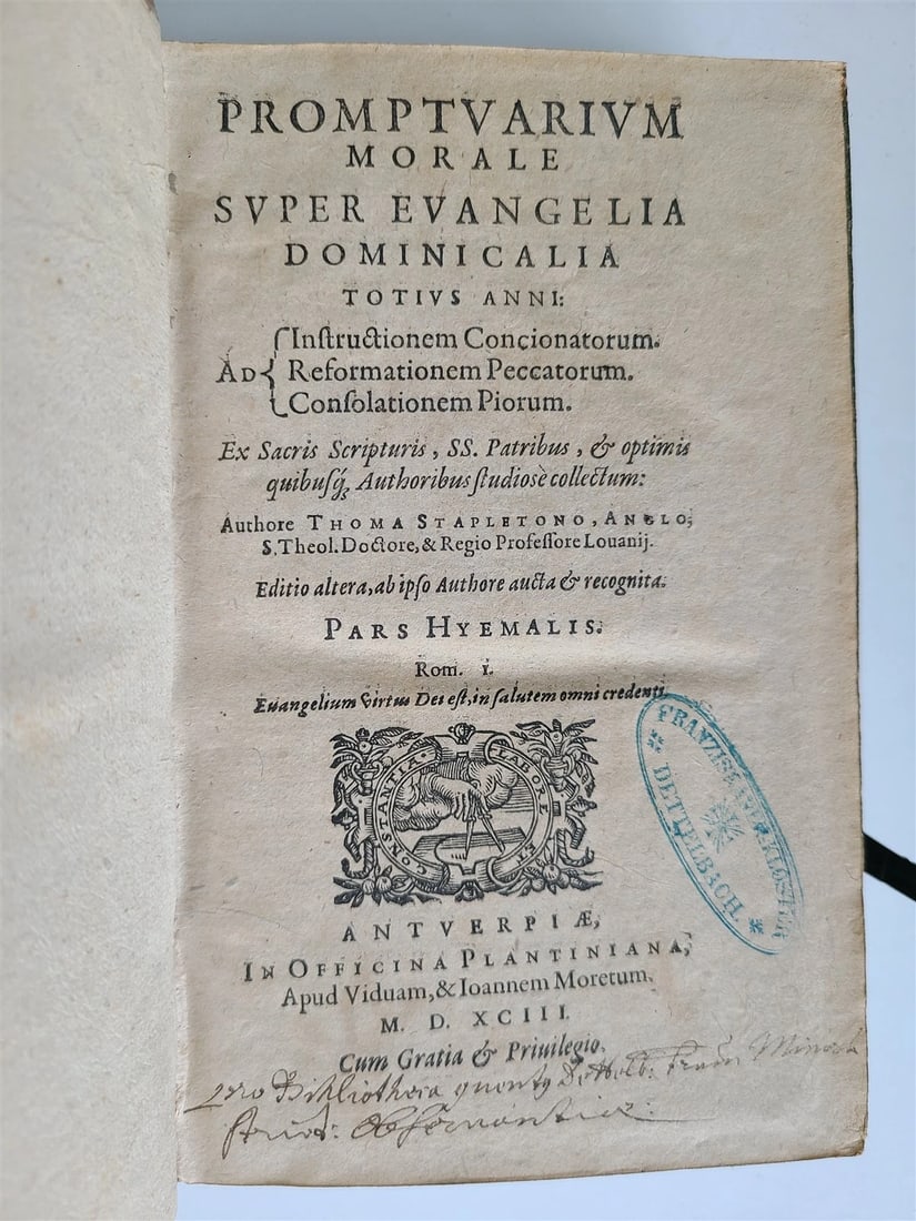 1593 EXEGETICAL WORKS by T. STAPLETON antique 16th CENTURY PLANTIN PIGSKIN BOUND - 3