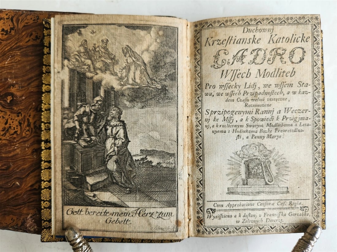 1800s CZECH PRAYER BOOK decorative binding w/ slipcase ANTIQUE: Czech Prayer Book Duchownj krzestianske katolicke Gadro wssech modliteb (Prague), Gerzabka (c. 1800) 276 pp., 1 leaf, with engraved frontispiece, gilt edges, original embossed gilt leather binding in 