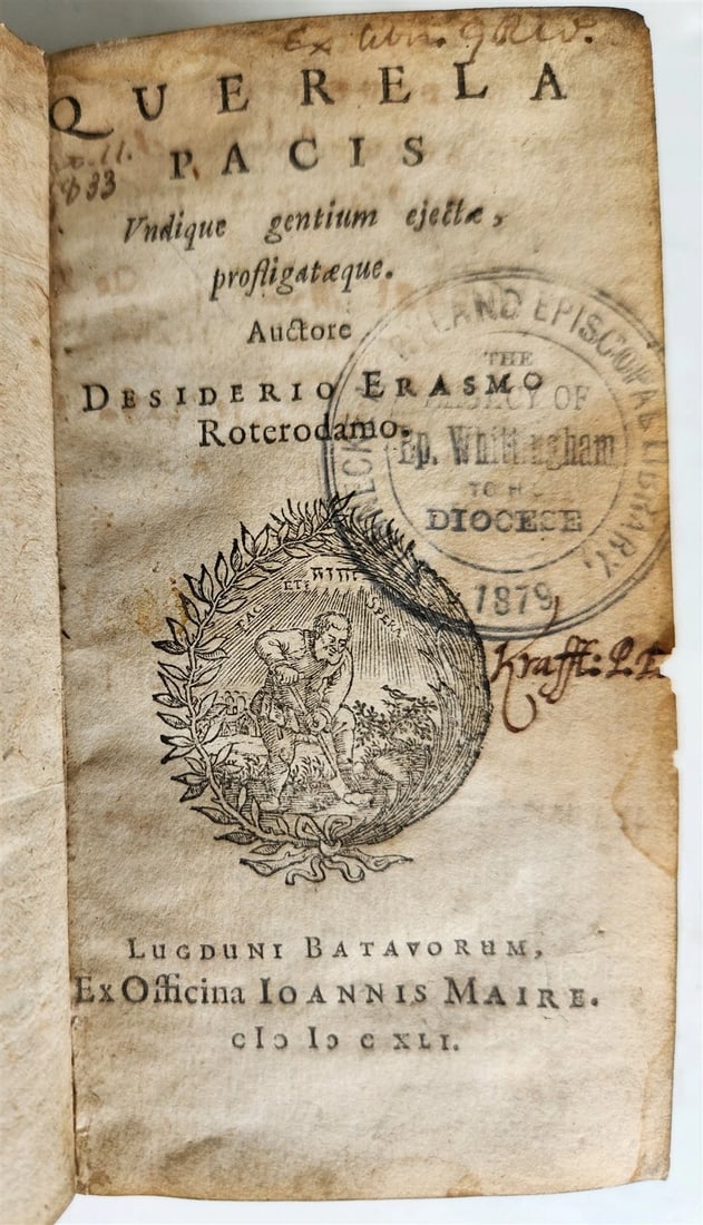 1641 WORKS by ERASMUS in LATIN pocket edition ANTIQUE vellum bound: D. ERASMUS ROTTERDAMUS Collection of 5 works. Leiden, Maire; 1641-42 Contains: - Querela pacis... 76 pp. - De sarcienda ecclesiae concordia... 4 leaves, 175 pp. - De contemptu mundi. 105 pp. - De virt