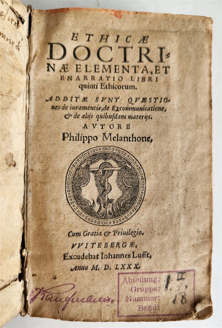 1578 POETRY Sentences of Theognis Megarensis antique vellum bound 16th CENTURY: Ethicae doctrinae elementa, et enarratio libri quinti ethicorum. Additae sunt quaestiones de juramentis, de excommunicatione, et de aliis quibusdam materiis. Wittenberg, Lufft; 1580 8 lvs, 302 pages,