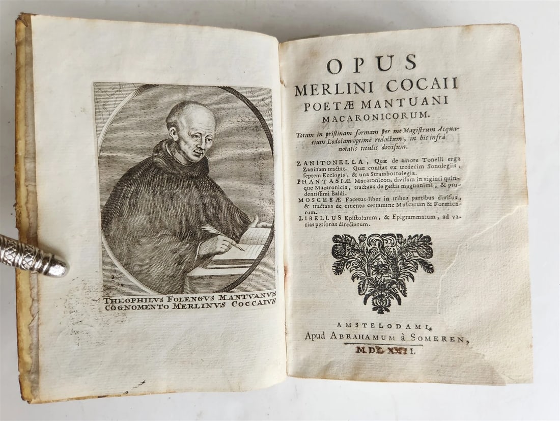 1692 ILLUSTRATED MACARONIC by POETRY MERLINI COCAII antique 17th CENTURY vellum: Folengo, T. (Pseud.: M.Coc(c)aius). Opus macaronicorum. Amsterdam, for van Someren; 1692 A beautifully illustrated edition based on the 1521 edition With engraved portrait frontispiece and 26 text eng
