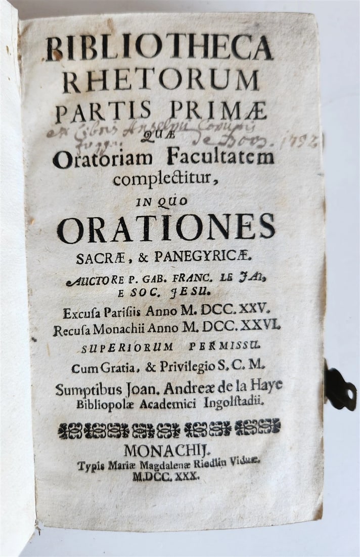 1730 Bibliotheca rhetorum in LATIN antique DECORATIVE PIGSKIN over WOOD BINDING - 2