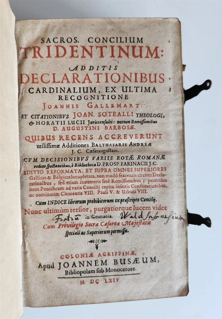 1664 COUNCIL OF TRENT antique decorative PIGSKIN over WOOD BINDING w/ CLASPS - 6