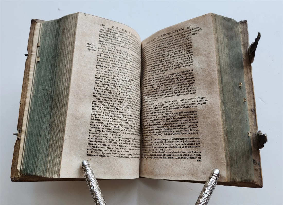 1664 COUNCIL OF TRENT antique decorative PIGSKIN over WOOD BINDING w/ CLASPS - 8