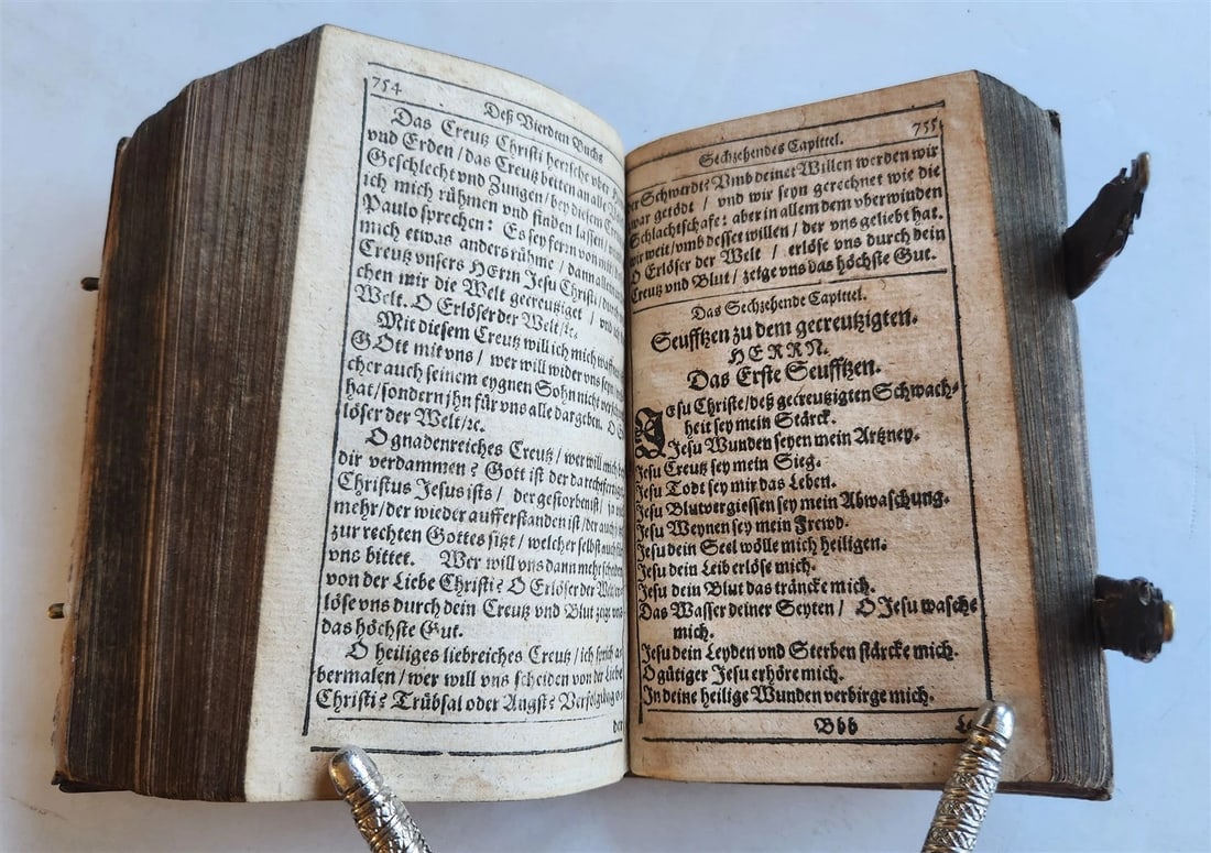 1650 PRAYER BOOK Vogler ILLUSTRATED antique DECORATIVE PIGSKIN BINDING w/ CLASPS - 12