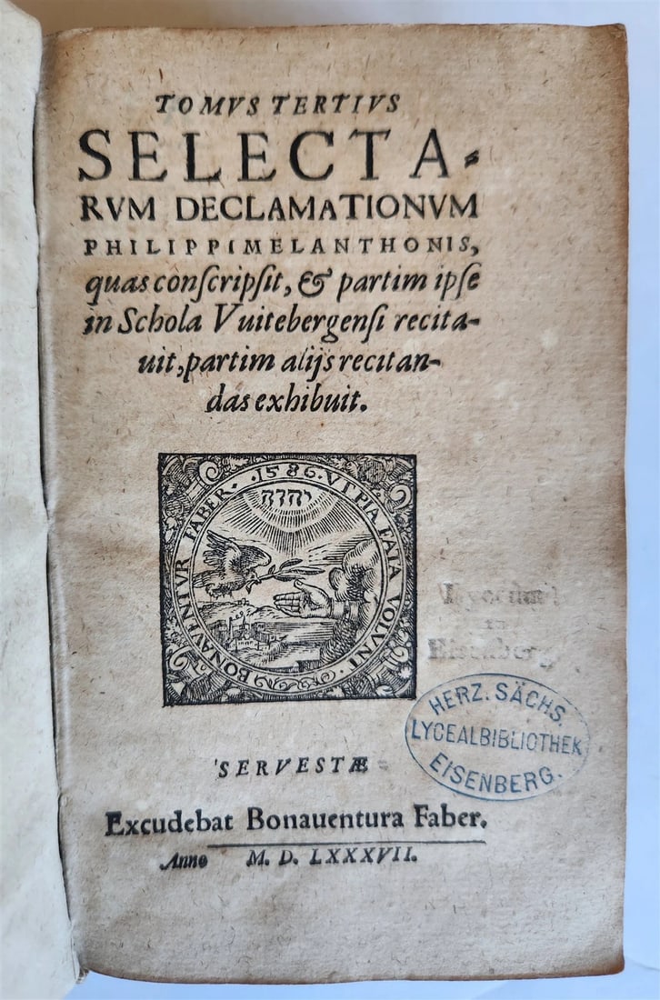 1587 Philip Melanchthon WORKS antique VELLUM BINDING 16th CENTURY: Melanchthon, P. Selectarum declamationum, quas conscripsit, et partim ipse in schola Witebergensi recitavit, partim aliis recitandas exhibuit. Tomus tertius. Zerbst, Faber; 1587 5 leaves, 814 pp., 19