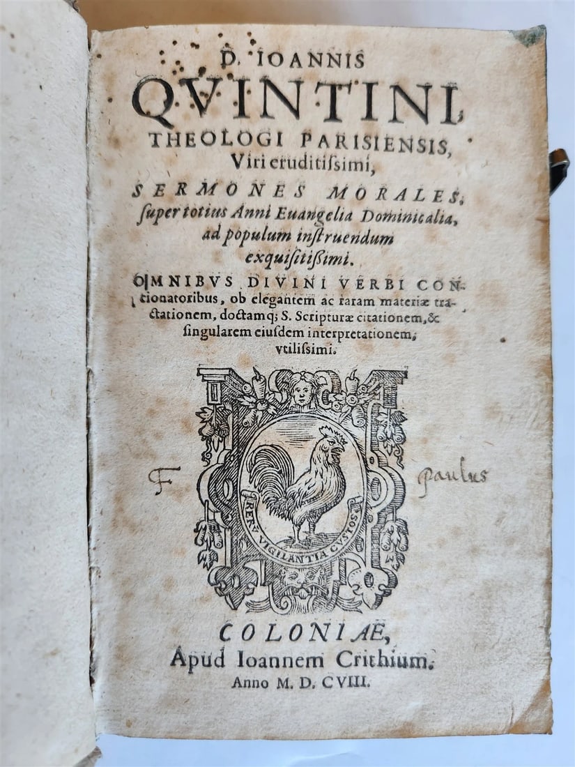 1608 SERMONS by JEAN QUINTIN antique PIGSKIN over WOOD BINDING - 2