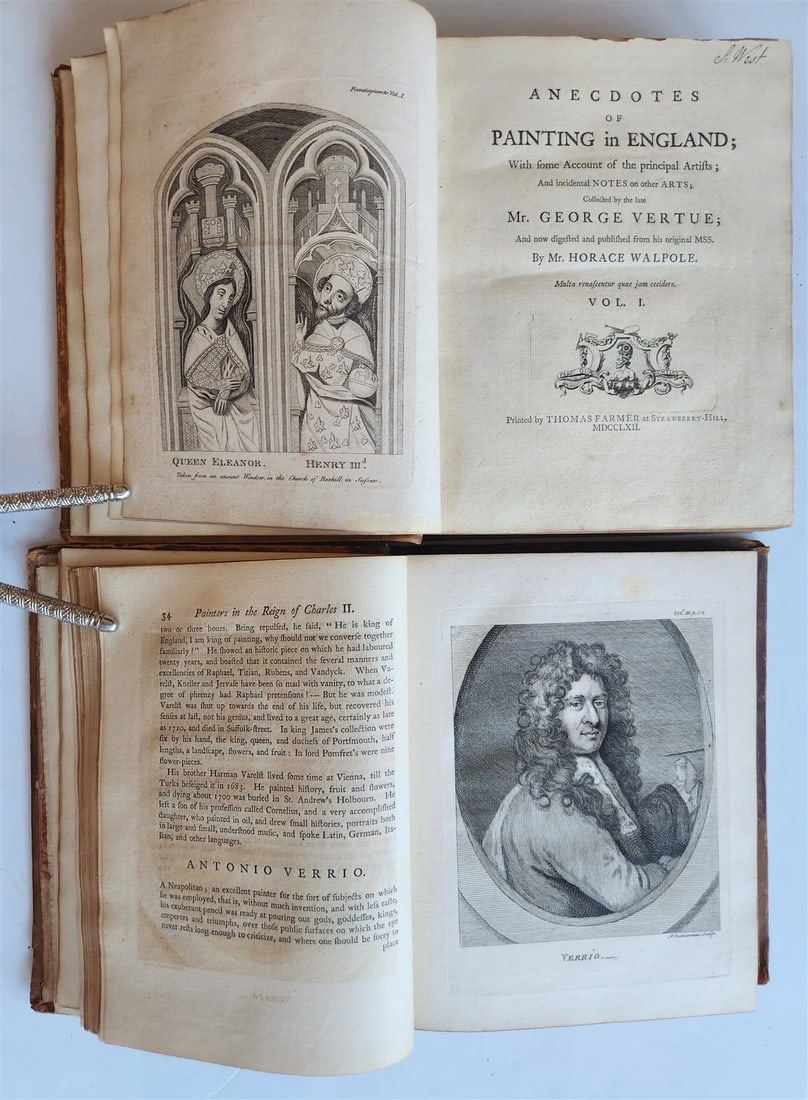 1762 ANECDOTES of PAINTING in ENGLAND antique ILLUSTRATED w/90 engravings 2 vols: Anecdotes of Painting in England. by Horace Walpole 3 parts and catalogue in 2 volumes Strawberry Hill ( Twickenham, London): T. Farmer; 1762-63 First edition With 2 repeated engraved vignettes, engra