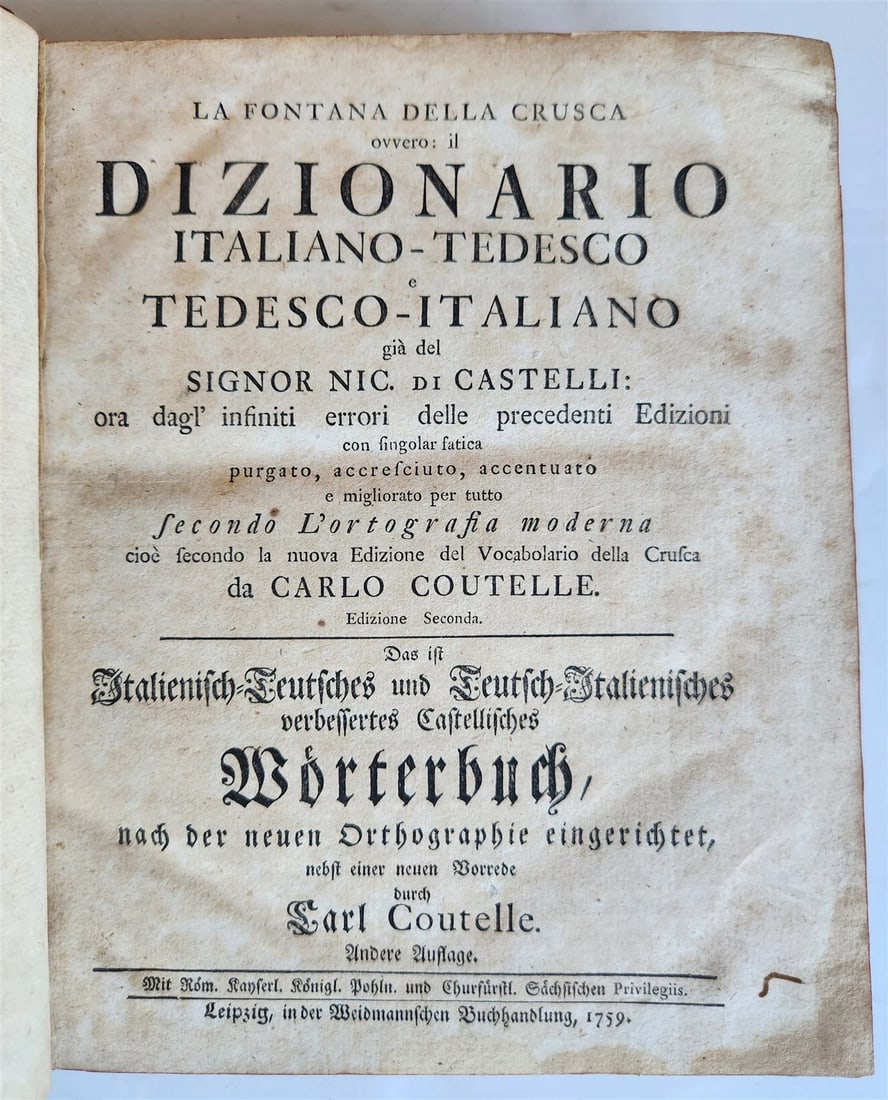 1759 ITALIAN GERMAN DICTIONARY antique Dizionario italiano-tedesco 18th CENTURY (1 of 6)