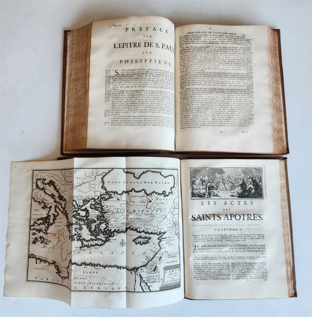 1718 BIBLE in FRENCH 2 volumes NEW TESTAMENT antique ILLUSTRATED w/ MAPS - 5