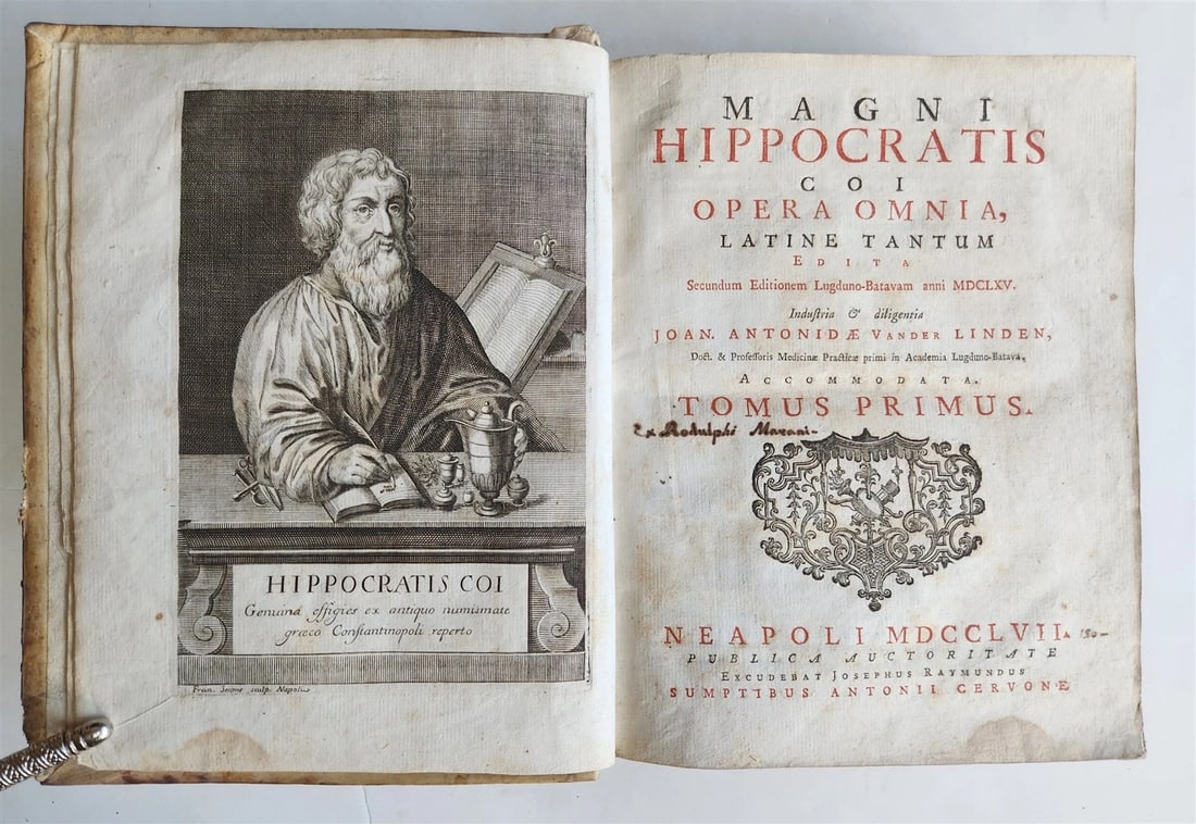 1757 HIPPOCRATES TREATISE antique MEDICAL vellum bound: Opera omnia latine tantum... Industria & diligentia J.A. van der Linden. 2 parts in 1 volume Naples, Raimundus for Cervone; 1757 With 1 engraved portrait frontispiece. LX, 396 pp., 2 leaves, 556 pp.