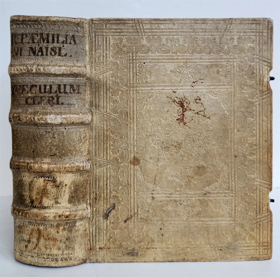 1710 THEOLOGY antique BLIND TOOLED PIGSKIN BINDING decorative: Speculum cleri utriusque, tam secularis, quam regularis, in quo ex limpidissimis S. Scripturae, SS. Conciliorum & Patrum fontibus. 3 parts in 1 volume. Cologne, A. Metternich; 1710 366 pp., 1 leaf,