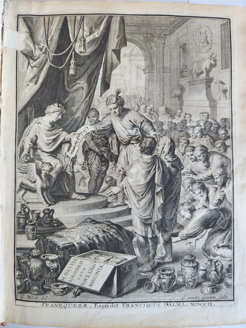 1709 BIBLE in GREEK ILLUSTRATED w/ MAPS antique GILT DECORATED VELLUM BINDING - 4