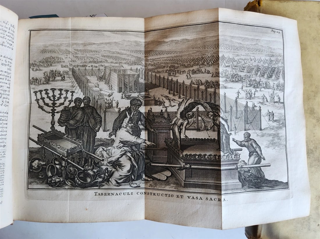 1709 BIBLE in GREEK ILLUSTRATED w/ MAPS antique GILT DECORATED VELLUM BINDING - 6