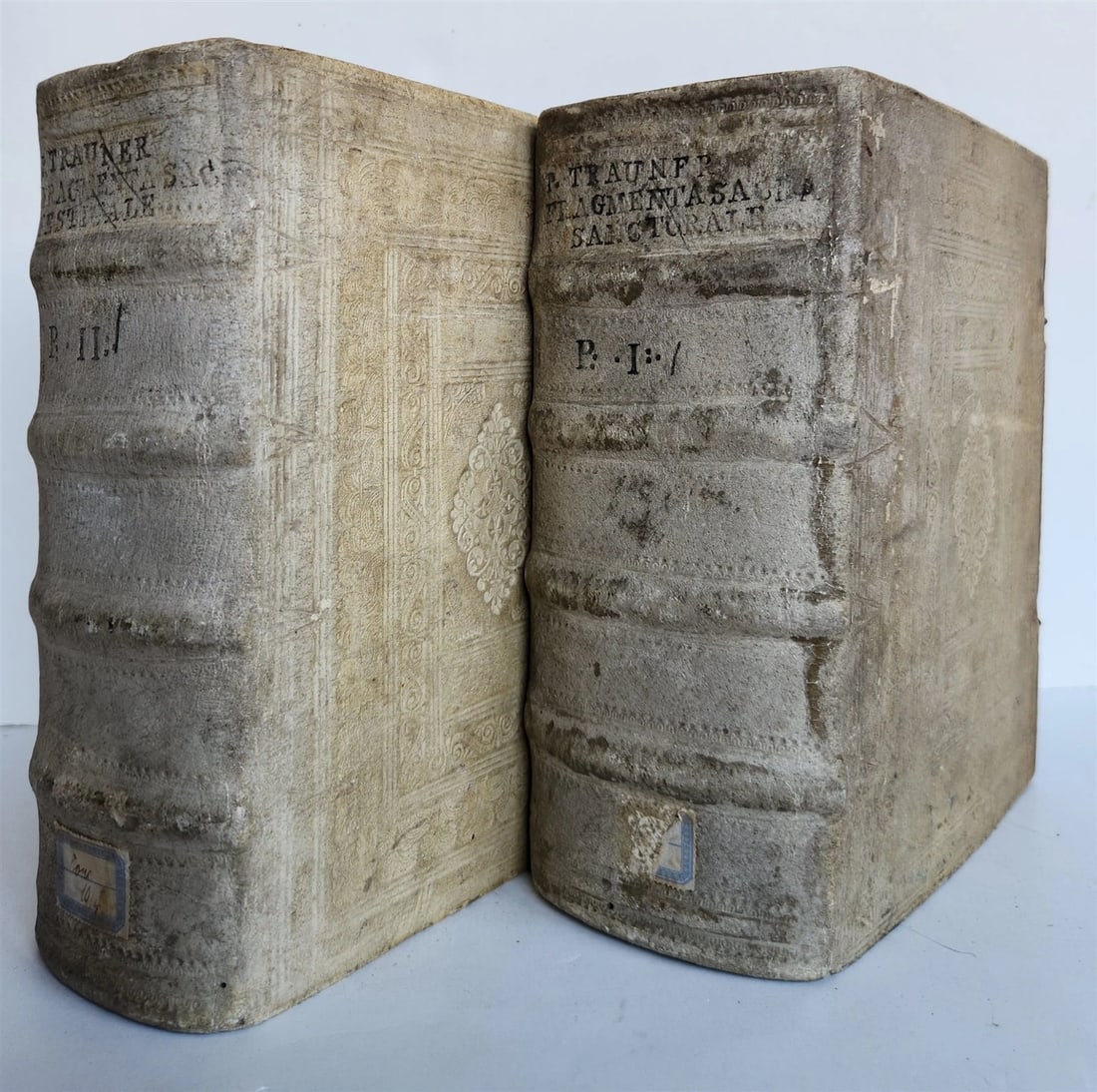 1701 RARE SERMONS of Trauner 2 VOLUMES antique scarce PIGSKIN BINDING: Trauner, Ignatii ( Ignatius Trauner) (1638-1694) Fragmenta Sacra, Das ist: uberbliebene Geistliche Brosamen, oder Sittliche Lob- und Ehren-Predigen von dem unstrafflichen Wandel, aussbundigen