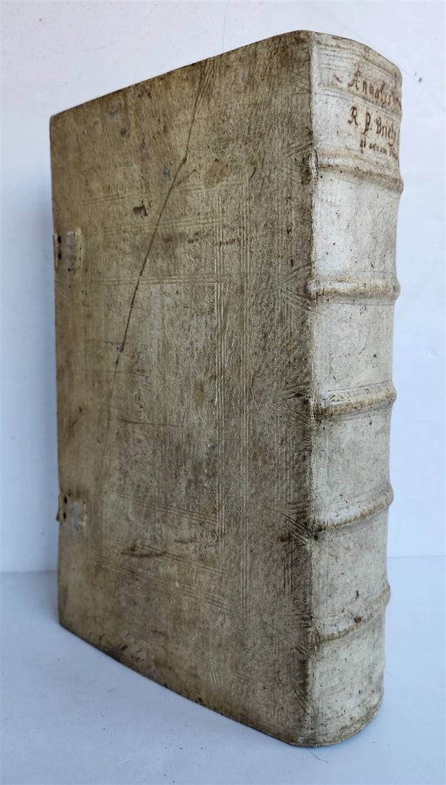 1696 WORLD'S CHRONICLE antique PIGSKIN BOUND FOLIO w/ CLASPS decorative: Annales mundi, sive chronicon universiale secundum optimas chronologorum epochas ab orbe condito ad annum Christi,... by P. Briet Augsburg and Dillingen, Bencard; 1696 6 leaves, 983 pp., 18 leaves.