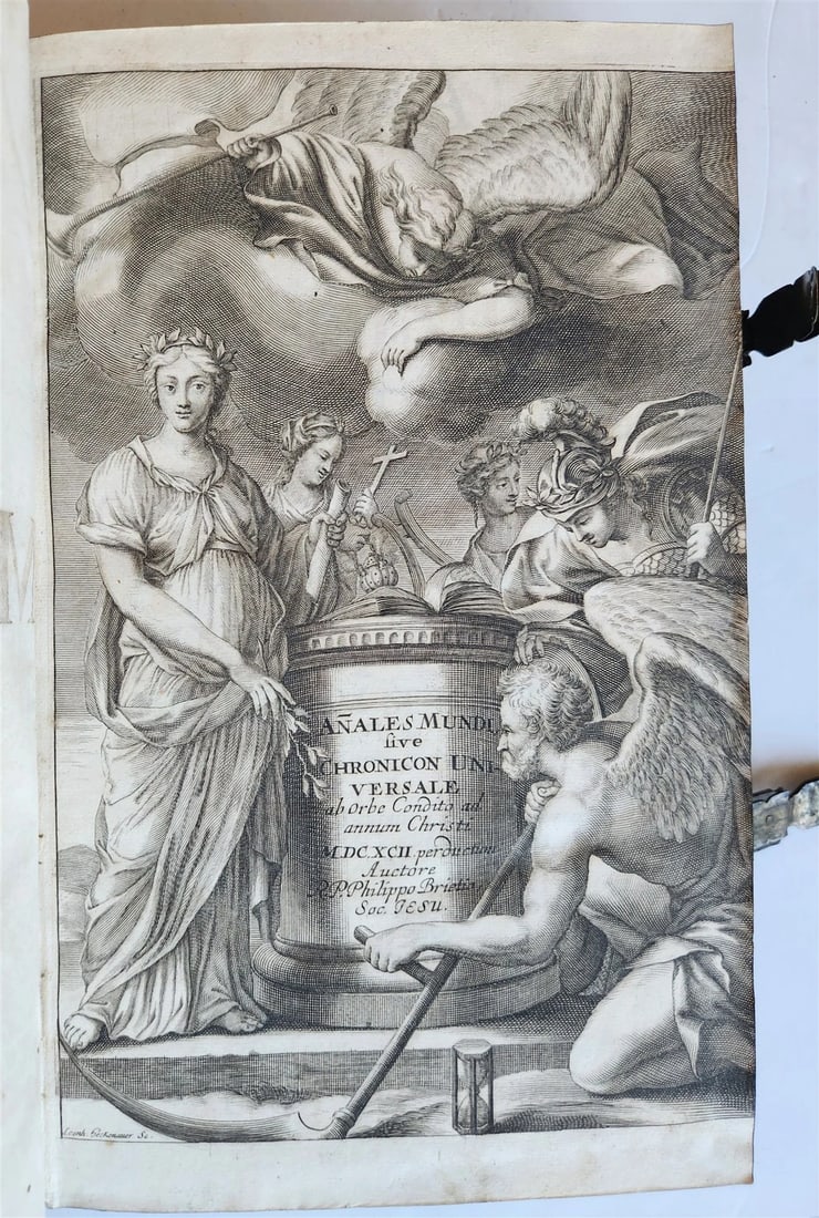 1696 WORLD'S CHRONICLE antique PIGSKIN BOUND FOLIO w/ CLASPS decorative - 2
