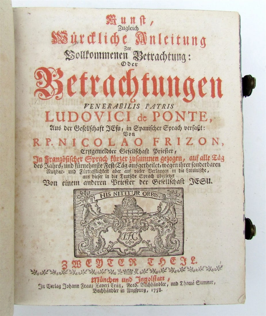 1758 SPANISH JESUIT LUDOVICI DE PONTE antique GERMAN BLINDSTAMPED PIGSKIN CLASPS - 4