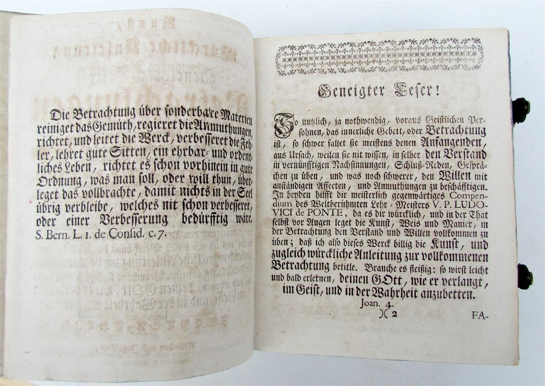 1758 SPANISH JESUIT LUDOVICI DE PONTE antique GERMAN BLINDSTAMPED PIGSKIN CLASPS - 6