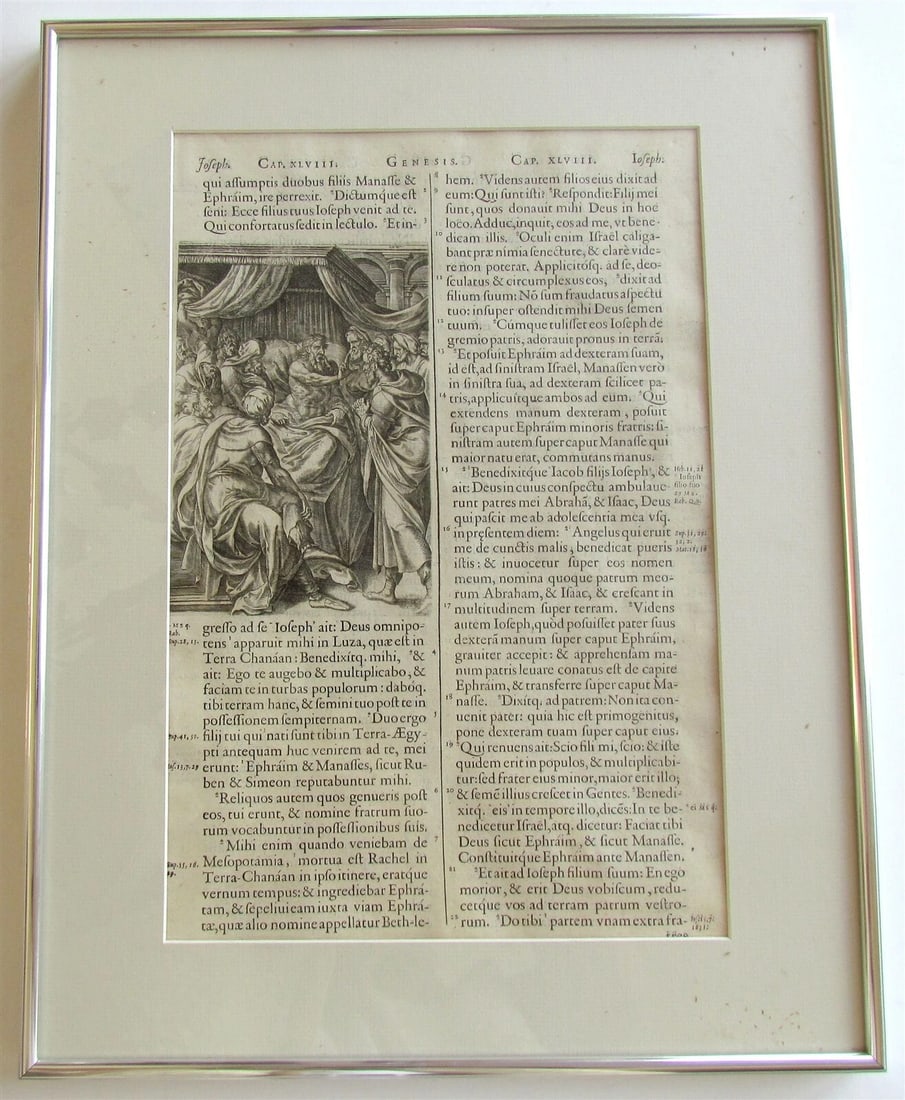 BIBLE LEAF w/ WOODCUT antique FOLIO FRAMED FOLIO JACOB BLESSING SONS of JOSEPH: Size 9 1/2 by 14" (it is a visible part, margins are covered by mat) Overall size ( framed under glass) : 14 by 16" Text in Latin Good condition (shipping cost can be adjusted to $5 within US and $21