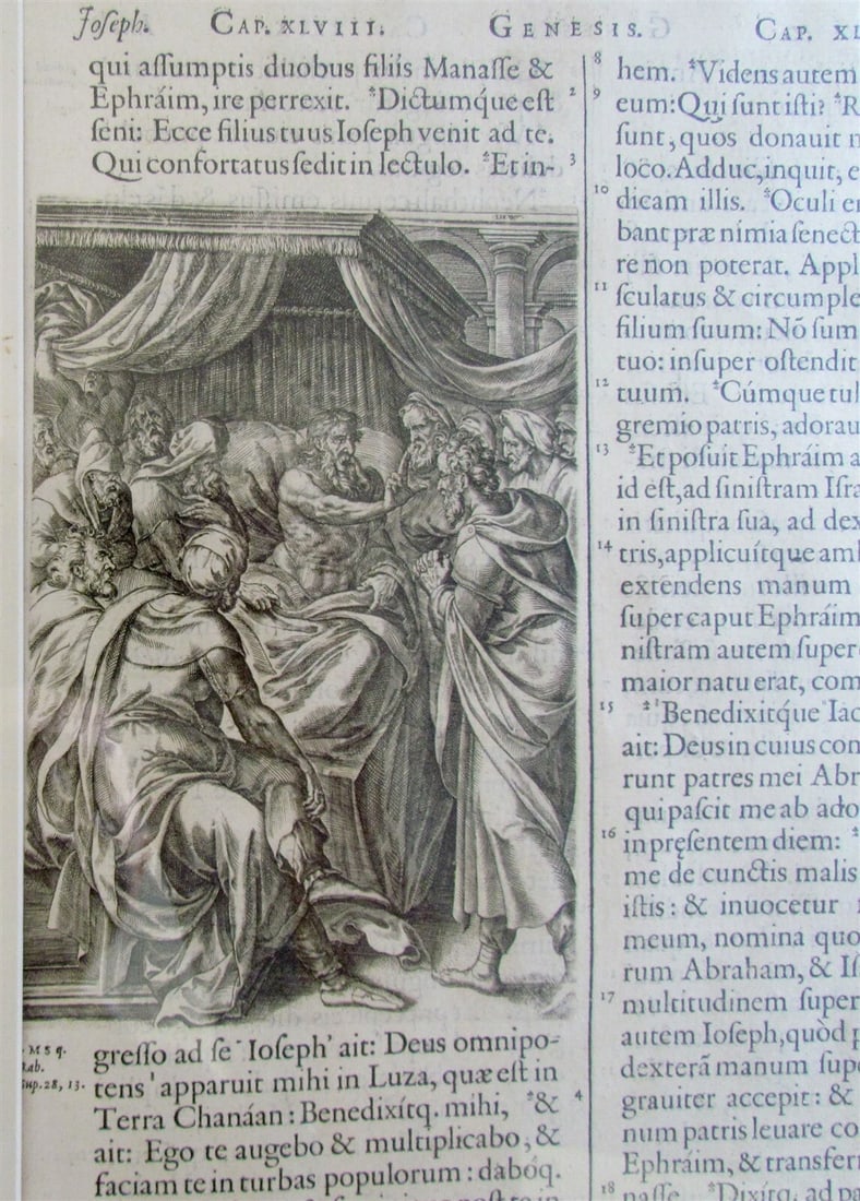 BIBLE LEAF w/ WOODCUT antique FOLIO FRAMED FOLIO JACOB BLESSING SONS of JOSEPH - 2