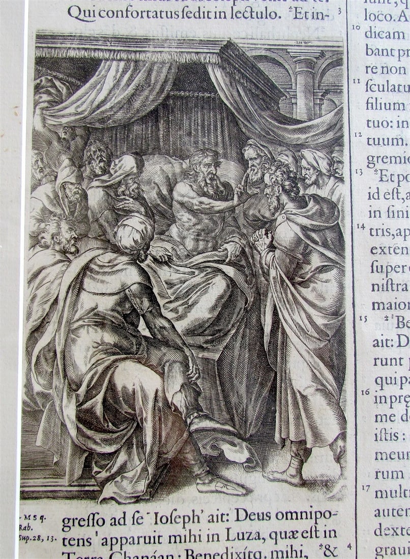 BIBLE LEAF w/ WOODCUT antique FOLIO FRAMED FOLIO JACOB BLESSING SONS of JOSEPH - 3