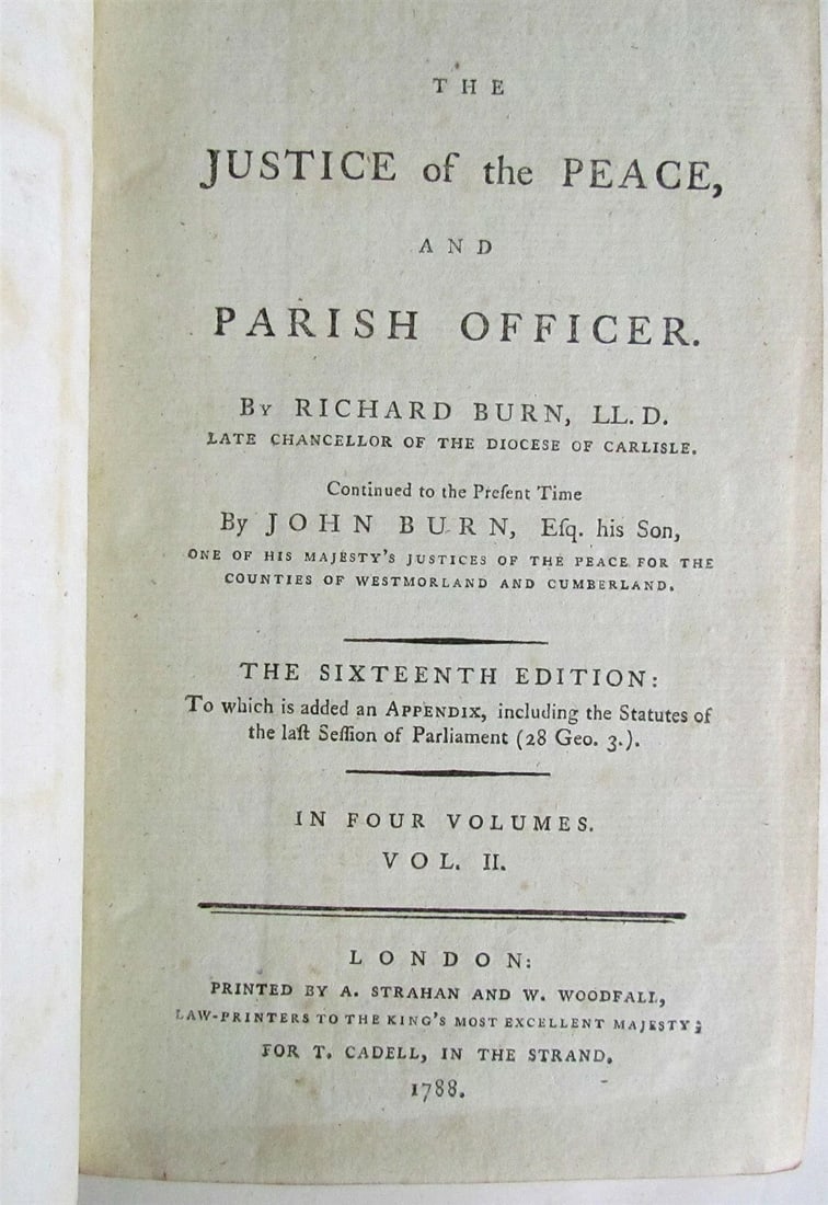1788 4 VOLUMES JUSTICE of PEACE & PARISH OFFICER RUCHARD BURN LAW BOOKS ENGLISH - 2