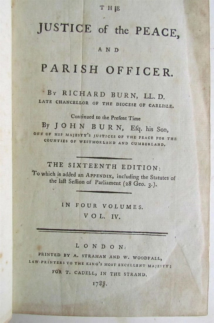 1788 4 VOLUMES JUSTICE of PEACE & PARISH OFFICER RUCHARD BURN LAW BOOKS ENGLISH - 4