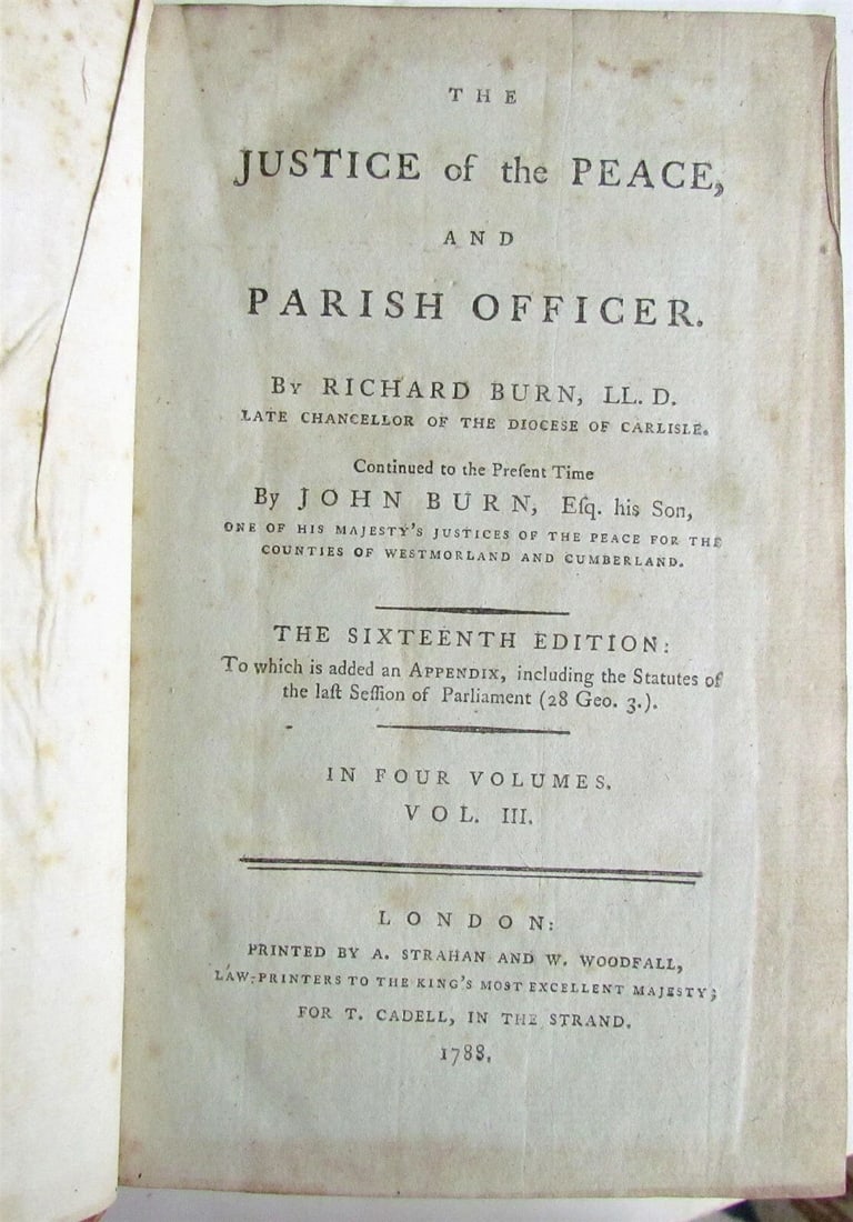 1788 4 VOLUMES JUSTICE of PEACE & PARISH OFFICER RUCHARD BURN LAW BOOKS ENGLISH - 5