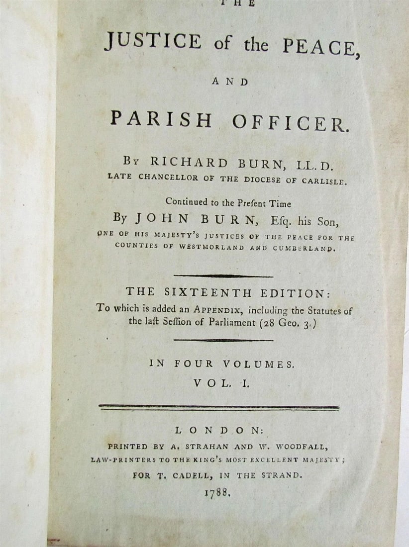 1788 4 VOLUMES JUSTICE of PEACE & PARISH OFFICER RUCHARD BURN LAW BOOKS ENGLISH - 6