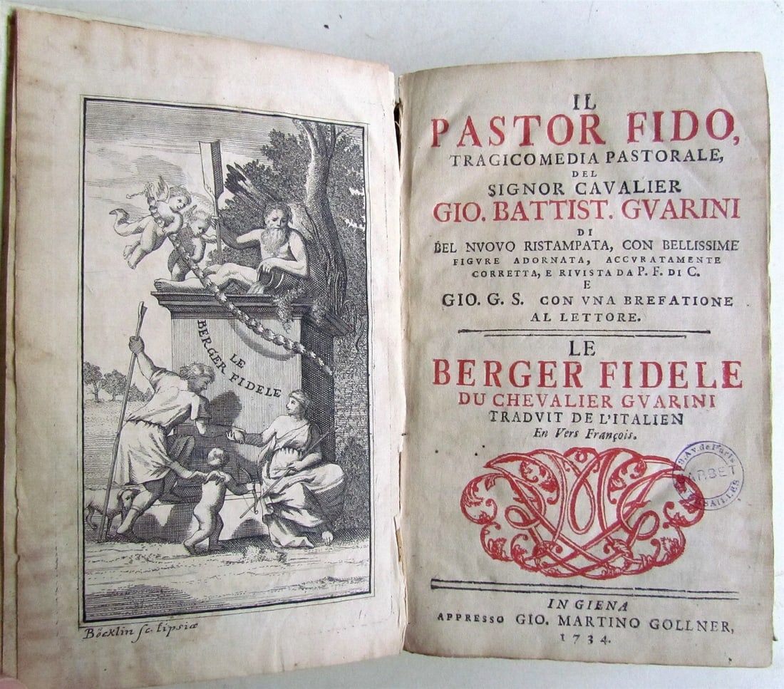 1734 IL PASTOR FIDO TRADICOMEDY by Giovanni Guarini VELLUM BINDING antique: Il pastor fido ILLUSTRATED (The Faithfull Shepherd in Richard Fanshawe's 1647 English translation) is a pastoral tragicomedy set in Arcadia by Giovanni Battista Guarini, first published in 1590 in