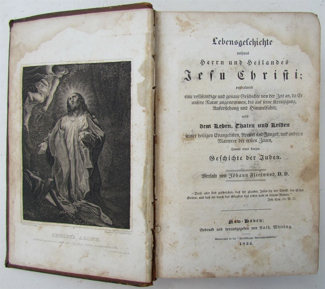 1836 GERMAN RELIGIOUS IMPRINT ILLUSTRATED AMERICANA NEW HAVEN CT antique LEATHER: Size 5 1/2 by 8 3/4" Front cover is detached. Foxing. B/w illustrations. Some water damage to first few pages. (555) PA residents please add sales tax. Reserve: $40.00