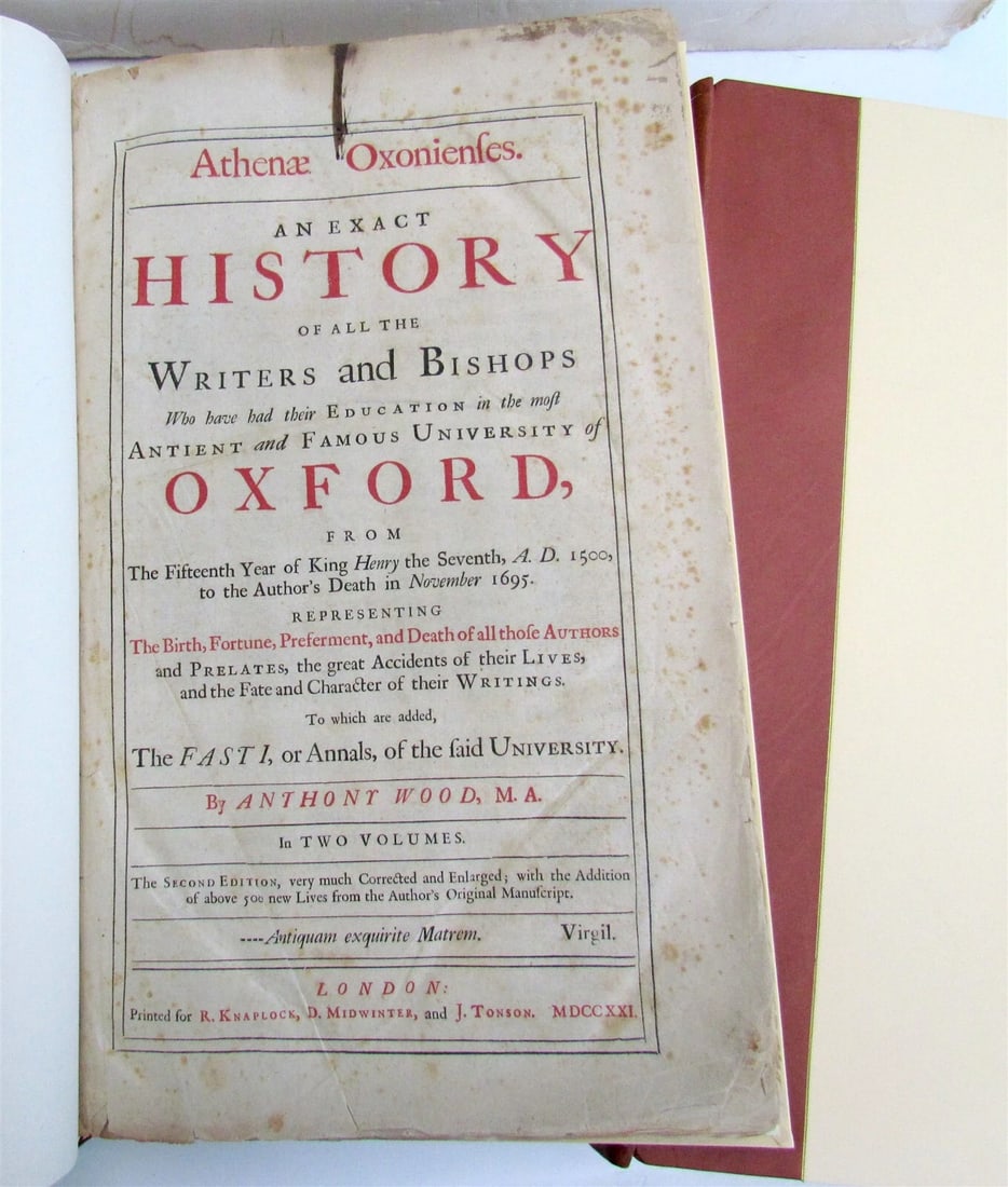 1721 HISTORY OF WRITERS & BISHOPS WHO HAD EDUCATION in OXFORD antique 2 FOLIOS - 2