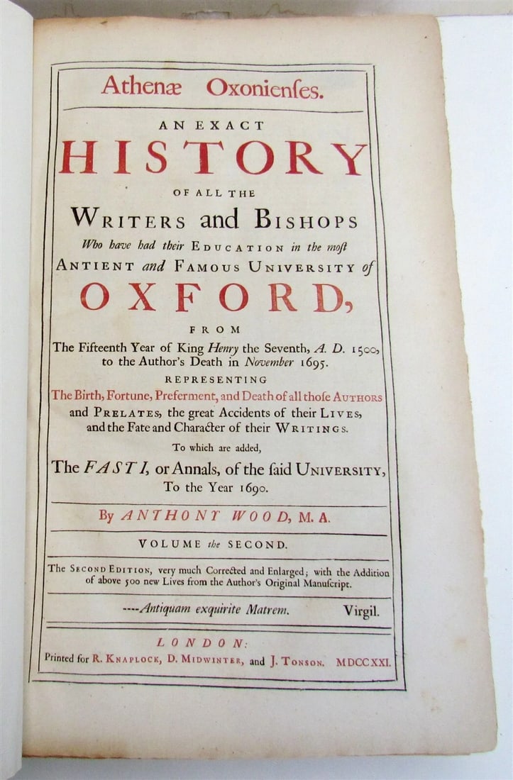 1721 HISTORY OF WRITERS & BISHOPS WHO HAD EDUCATION in OXFORD antique 2 FOLIOS - 5