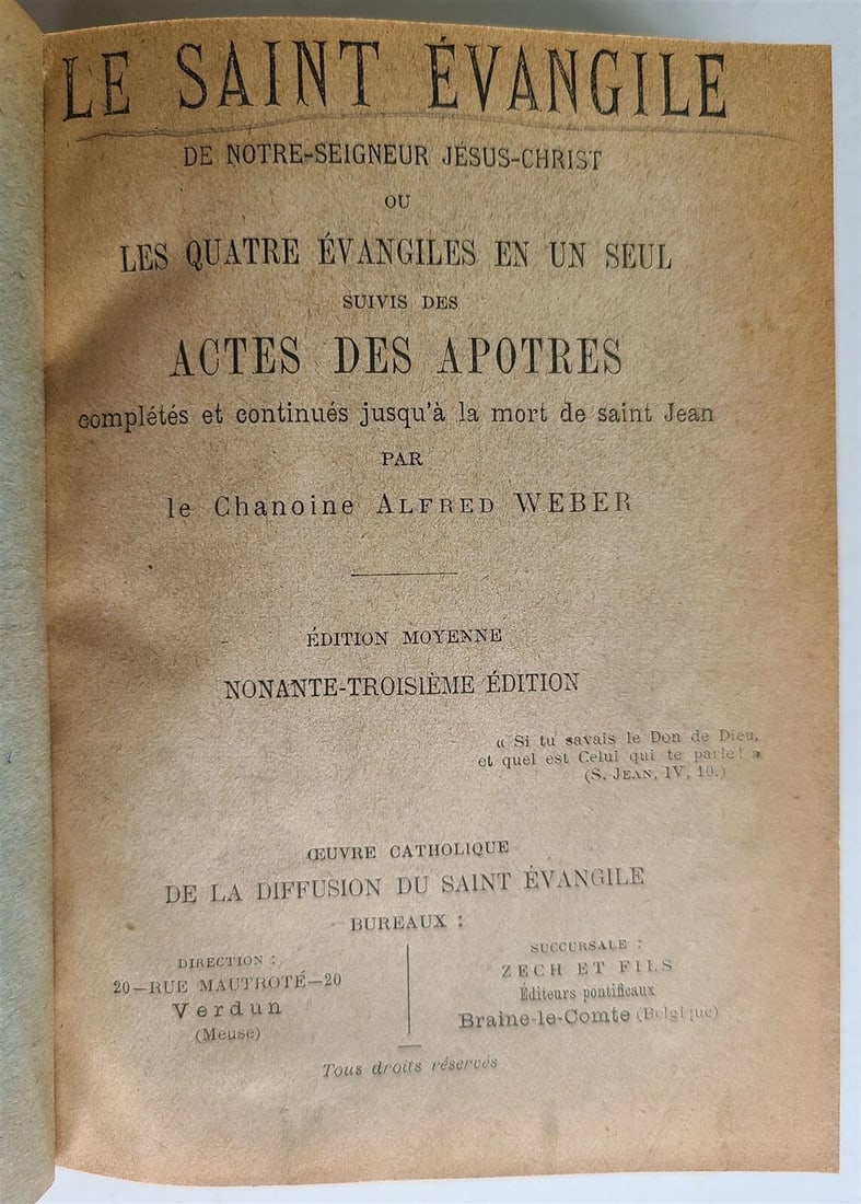 1904 BIBLE GOSPEL antique ILLUSTRATED MAPS LE SAINT EVANGILE ACTES DES APOTRES: LE SAINT EVANGILE ACTES DES APOTRES (GOSPEL - ACTS of APOSTLES) Verdun; 1904 ILLUSTRATIONS INCL. SOME MAPS Size 4 3/4 by 6" 533 pp 3/4 leather binding Very good condition Text in French Reserve: