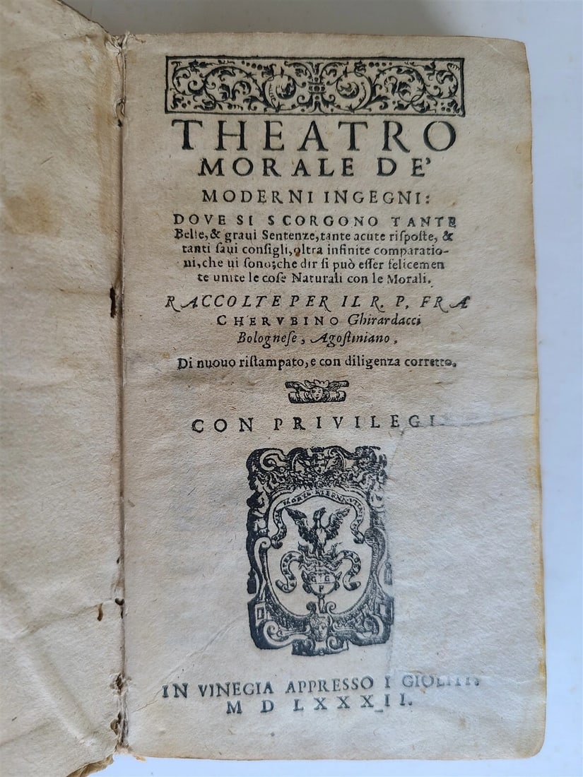 1582 Theatro morale de moderni ingegni by Cherubino Ghirardacci antique VELLUM: Ghirardacci, C. Theatro morale de moderni ingegni... Venice, Giolito; 1582. Title page with repair Original limp vellum 12 lvs., 456 pp Size 3 by 5 1/8" Worn binding, good interior, lacks ties Text in