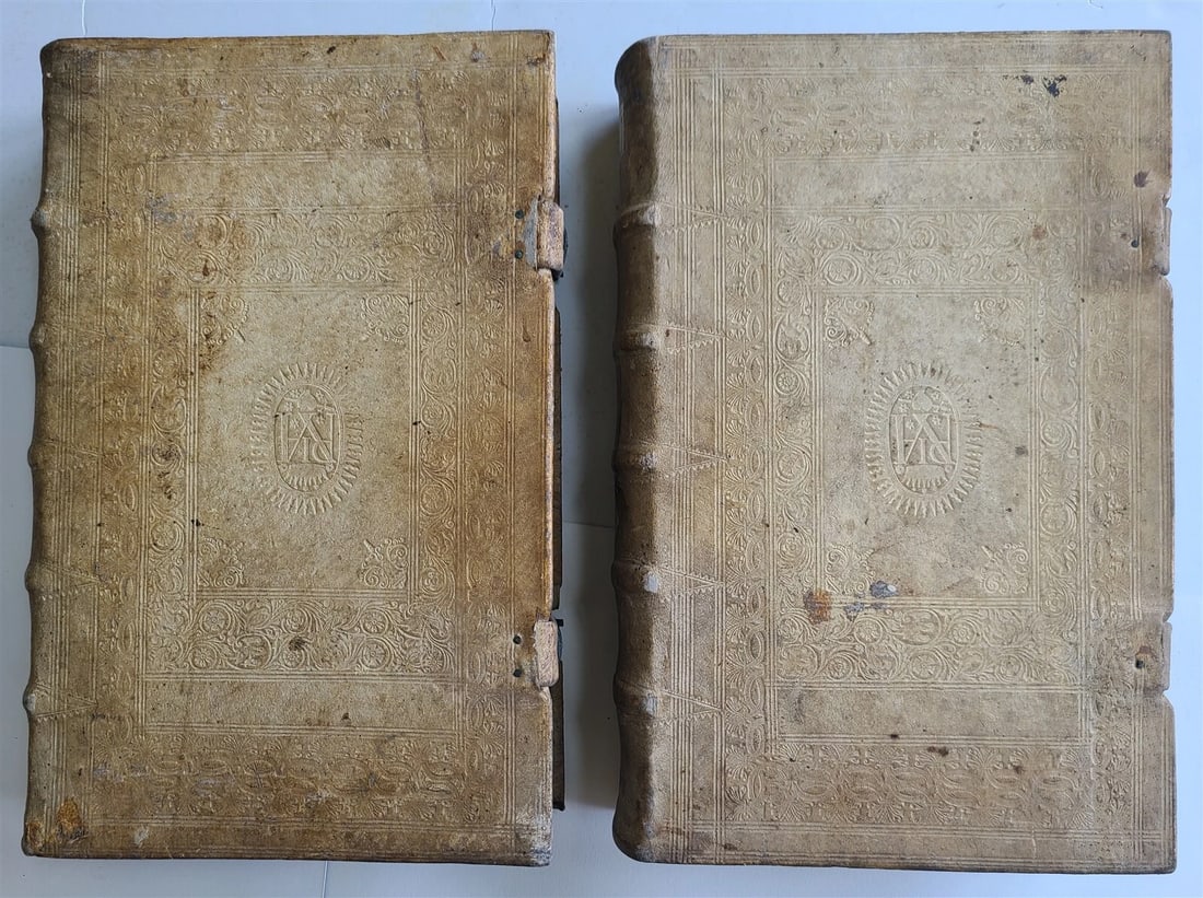1753 - 1756 2 VOLUMES PIGSKIN BOUND FOLIOS w/ CLASPS antique SERMONS by SEEAUER - 12