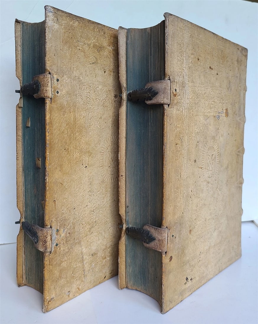1753 - 1756 2 VOLUMES PIGSKIN BOUND FOLIOS w/ CLASPS antique SERMONS by SEEAUER - 2